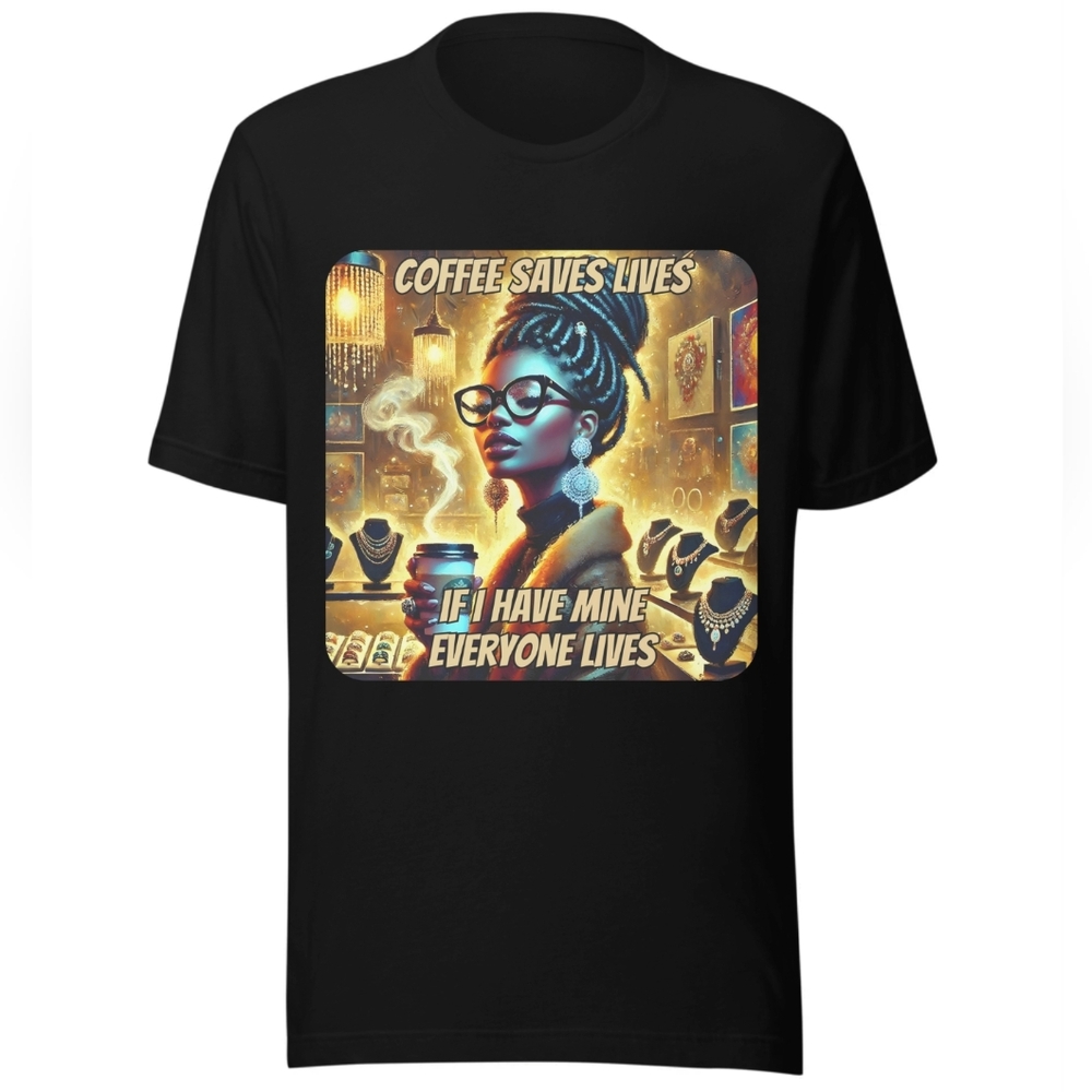 Black Graphic Tee with Coffee Saves Lives Design - Picture 2 of 10